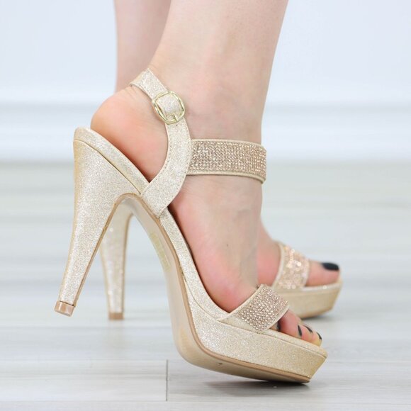 Sparkly Rhinestone Glitter Champagne Platform Ankle Bracelet Open Toe High Heel - Picture 7 of 14